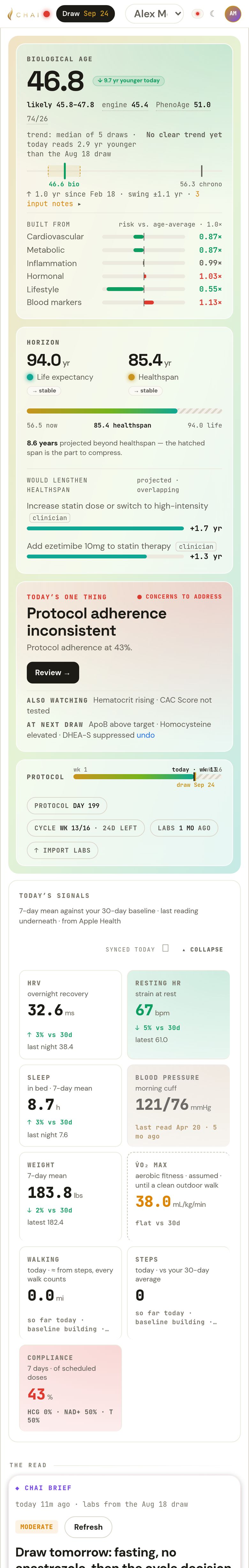 Biological age card with likely range, engine and PhenoAge values and the Built-from breakdown