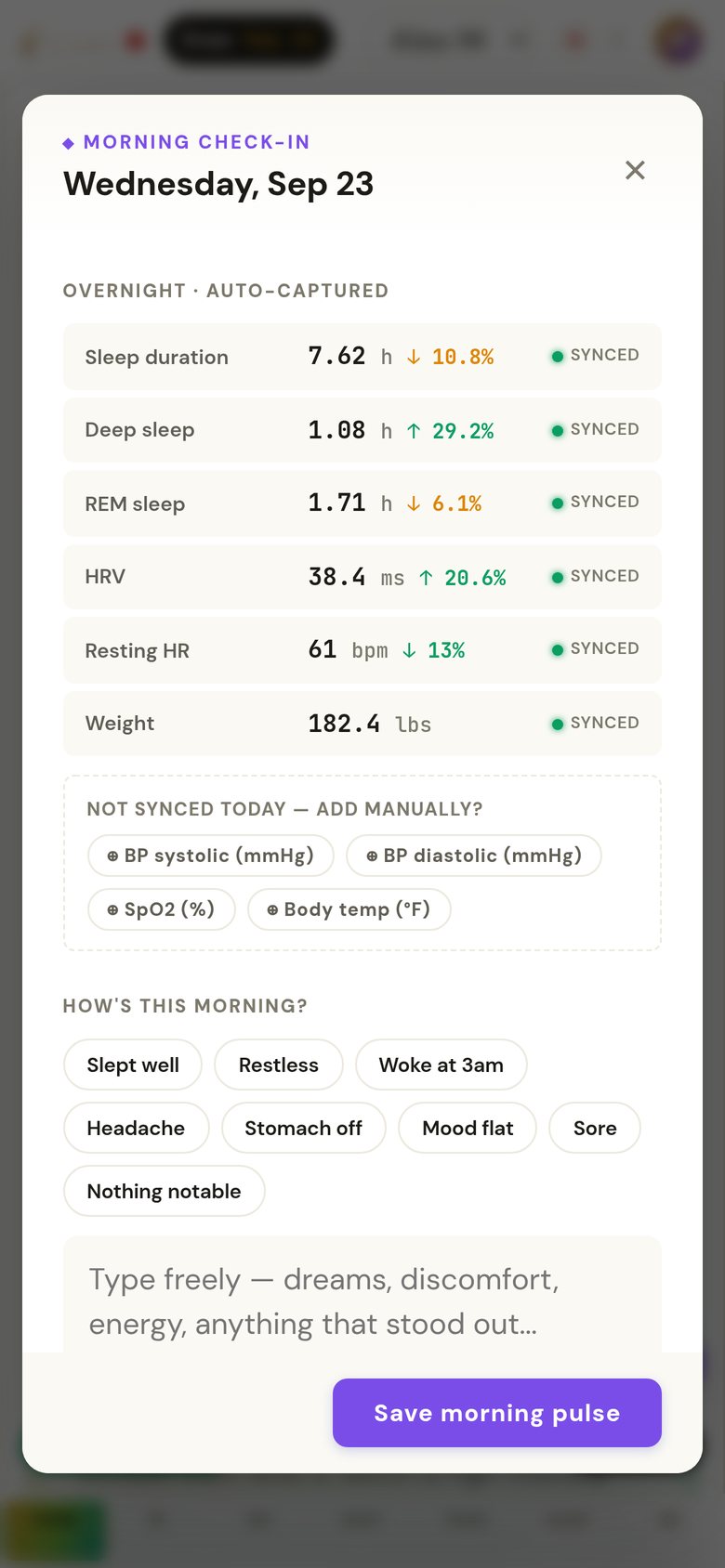 Morning check-in: sleep 7.62 h, deep sleep 1.08 h, REM 1.71 h, HRV 38.4 ms, resting heart rate 61 bpm and weight 182.4 lbs, each marked synced from Apple Health with its change against baseline; blood pressure, SpO2 and body temperature offered for manual entry; how's-this-morning chips and a free-text box