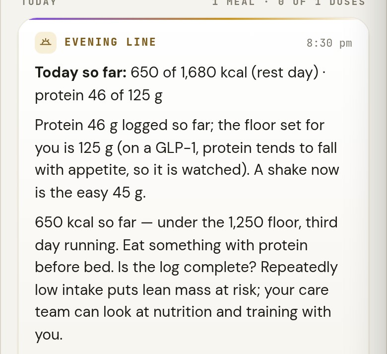CHAI’s evening line on Sarah’s Today at 8:35 pm: 650 of 1,680 kcal so far, protein 46 of 125 g; 650 kcal logged, under the 1,250 floor, third day running; nausea logged 2 of the last 3 days, has it affected how much she can drink, keep fluids going through the day, and her care team should hear about persistent nausea or trouble keeping fluids down