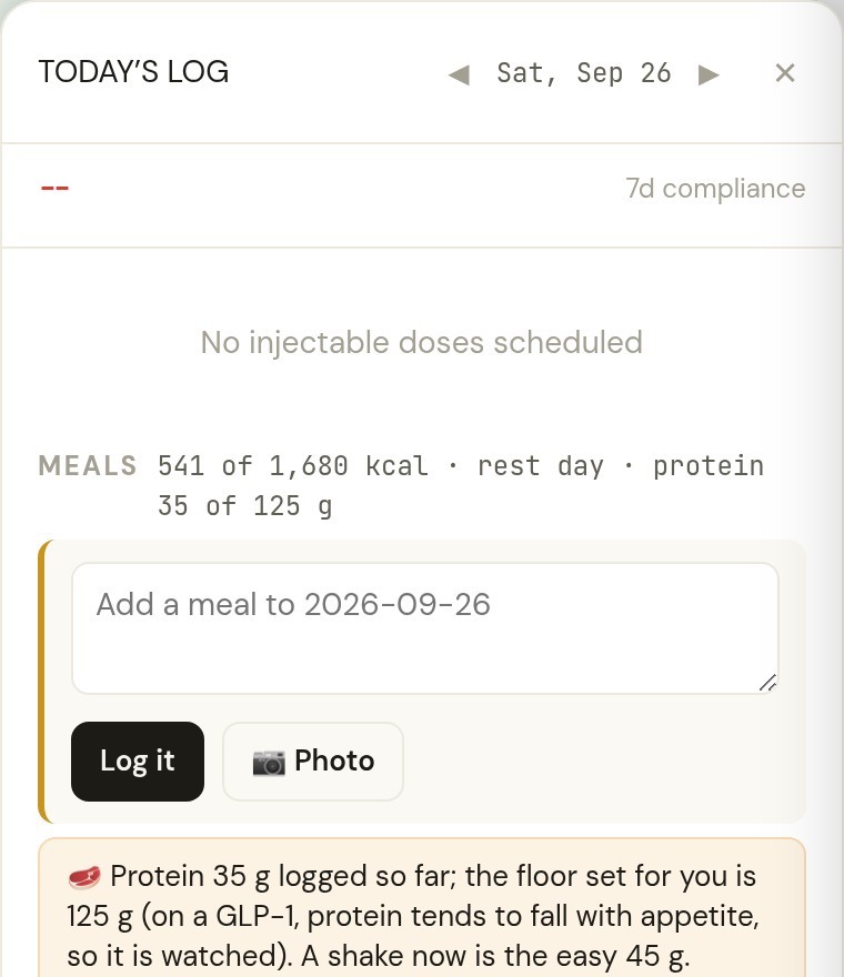 Today’s log for Sarah Mitchell: meals 541 of 1,680 kcal, protein 35 of 125 g, with CHAI AI’s three lines: protein 35 g against a 125 g floor; 540 kcal logged, under the 1,250 floor, third day running, days this low put lean mass at risk; nausea logged 2 of the last 3 days, has it affected how much she can drink, her care team should hear about persistent nausea