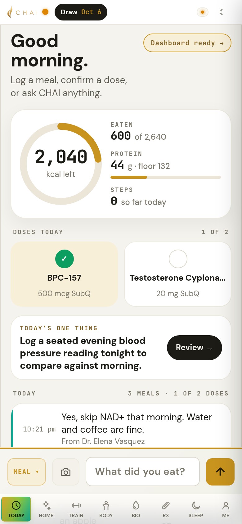 Today at 10:02 on the sample member's phone: the morning read card at the top of the day, with where they are, CHAI AI's line, the signals that moved and what is due