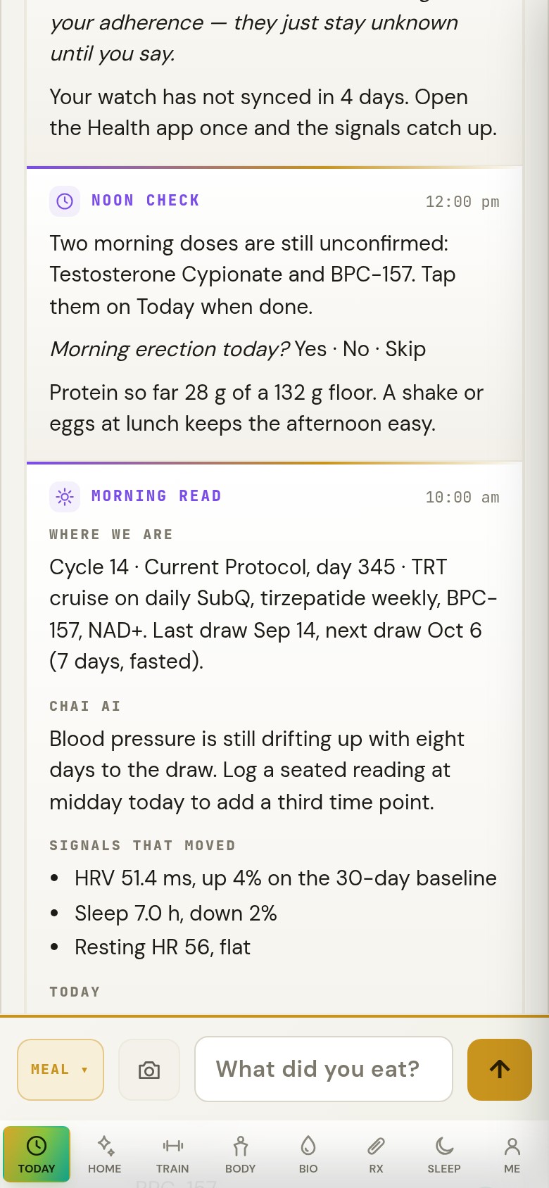 Today at midday: the noon check card with the morning-erection question, Yes, No or Skip, in the patient's own record