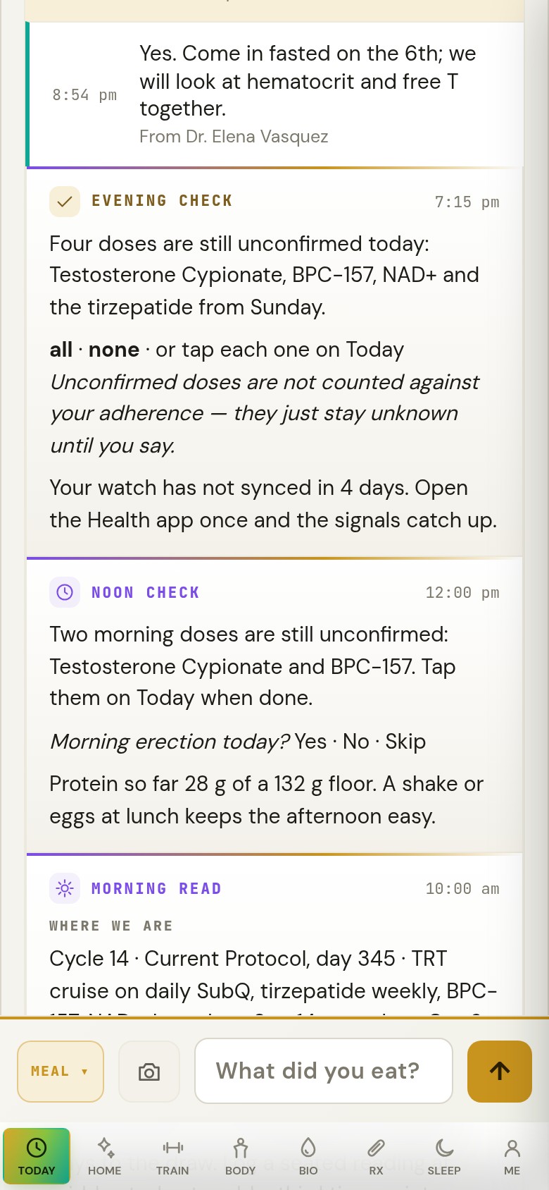 Today at 7:20 pm: the evening check card, four doses unconfirmed, a watch that has not synced in four days