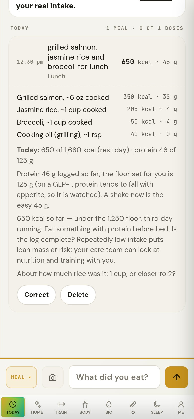 Sarah’s Today screen after lunch: the meal she logged by text, its row open with the items and CHAI’s estimate, today’s totals against the calorie ceiling and the protein floor