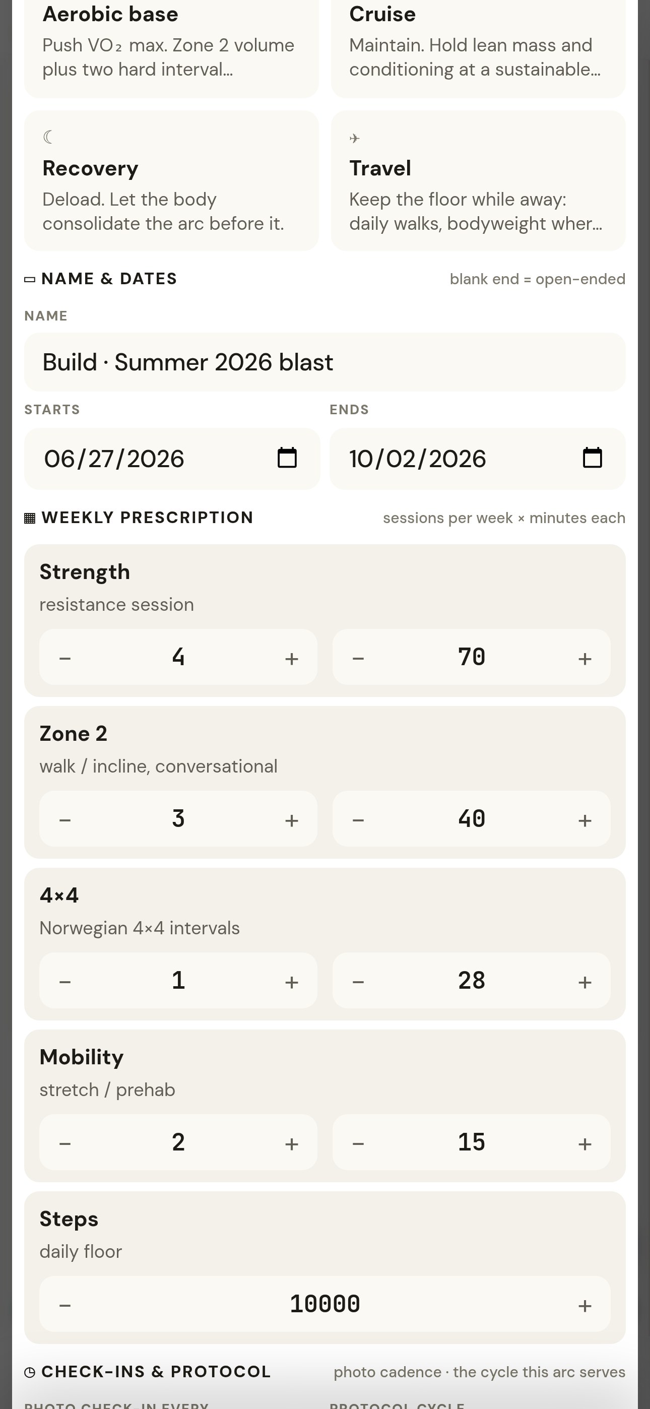 The arc editor on Alex Morgan’s phone, a synthetic patient: arc type cards Build, Cut · Peak, Aerobic base, Cruise, Recovery, Travel; name Build · Summer 2026 blast, starts 06/27/2026, ends 10/02/2026; weekly prescription strength 4 × 70 min, zone 2 3 × 40, 4×4 1 × 28, mobility 2 × 15, steps floor 10,000; photo check-in every 14 days; protocol cycle Summer 2026 blast.