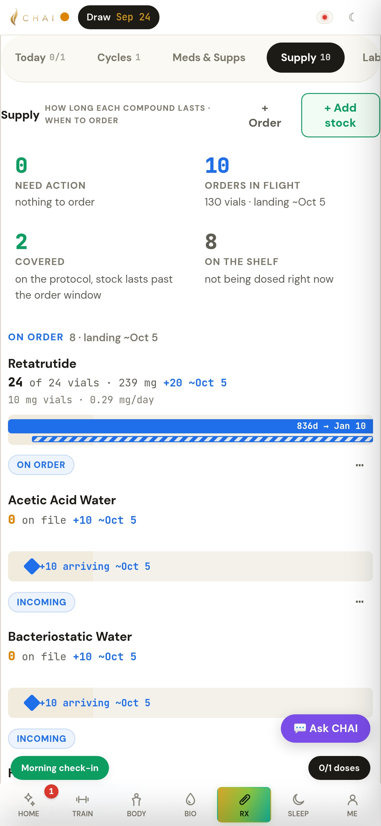 Supply on Alex Morgan’s phone, a synthetic patient: 0 need action, 10 orders in flight (130 vials landing ~Oct 5), 2 covered, 8 on the shelf; Retatrutide 24 of 24 vials, 836 days to Jan 10, on order; incoming stock for acetic acid water, bacteriostatic water, HCG and others arriving ~Oct 5.